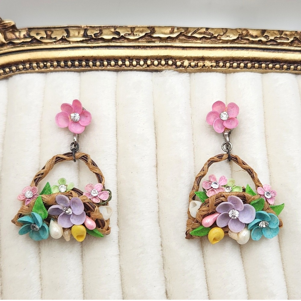Vintage Floral Basket Earrings Screw Back Pastel Flowers Rhinestone Mid Century